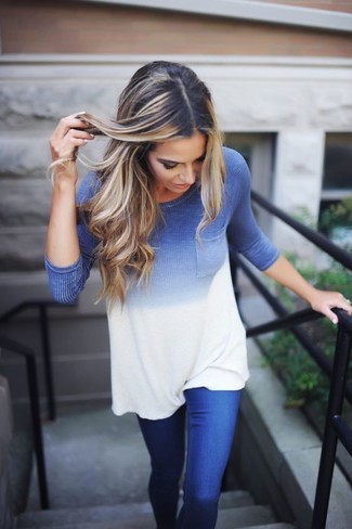Blue Ombre Long Sleeve T-shirt Outfits For Women: 