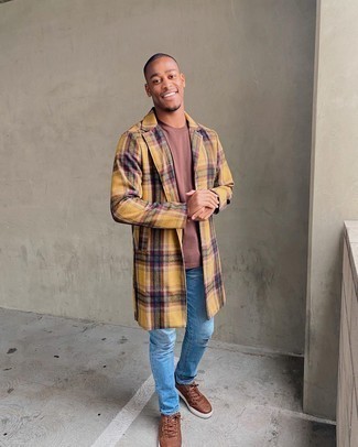 Men's Brown Leather Low Top Sneakers, Blue Jeans, Brown Crew-neck T-shirt, Yellow Plaid Overcoat