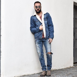 Men's Grey Suede Chelsea Boots, Blue Ripped Jeans, Burgundy Crew-neck T-shirt, Blue Denim Shearling Jacket