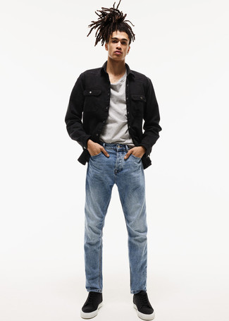 Men's Black Leather High Top Sneakers, Blue Jeans, Grey Crew-neck T-shirt, Black Denim Jacket
