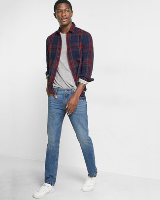 Men's White Leather Low Top Sneakers, Blue Jeans, Grey Long Sleeve T-Shirt, Navy Plaid Long Sleeve Shirt