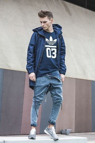 Men's Grey Athletic Shoes, Blue Jeans, Navy and White Print Crew-neck T-shirt, Navy Fishtail Parka
