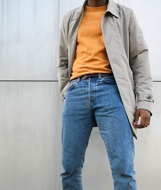 Men's Black Leather Belt, Blue Jeans, Orange Crew-neck T-shirt, Grey Raincoat