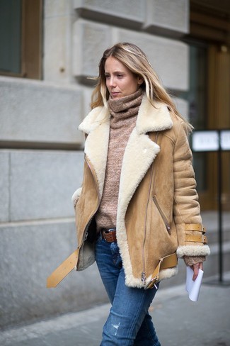 Tan Shearling Jacket Outfits For Women: 