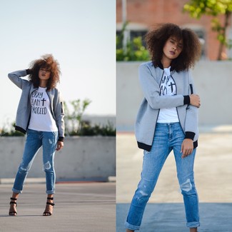 Women's Black Suede Heeled Sandals, Blue Ripped Jeans, White and Black Print Crew-neck T-shirt, Grey Bomber Jacket