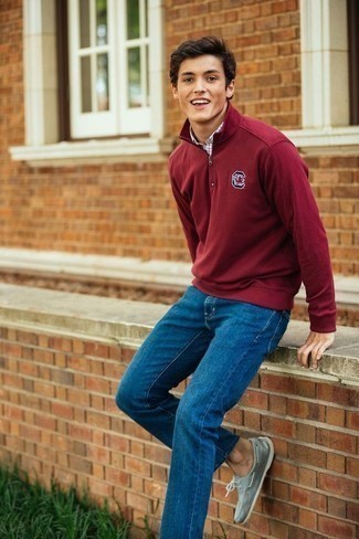 Burgundy Zip Neck Sweater Fall Outfits For Men: 