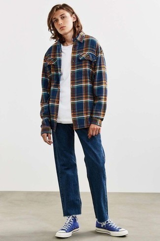 Navy Plaid Flannel Shirt Jacket Outfits For Men: 