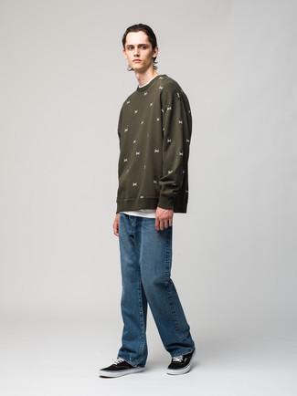Olive Embroidered Sweatshirt Outfits For Men: 
