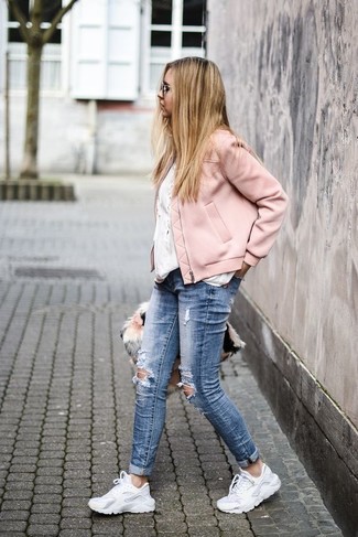 Women's White Athletic Shoes, Blue Ripped Jeans, White Crew-neck T-shirt, Pink Bomber Jacket