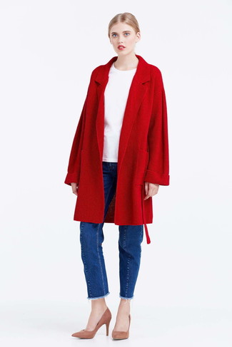 Women's Pink Suede Pumps, Blue Jeans, White Crew-neck T-shirt, Red Knit Coat