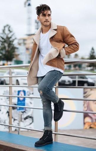 Men's Black Leather Casual Boots, Blue Ripped Jeans, White Crew-neck T-shirt, Tan Shearling Jacket