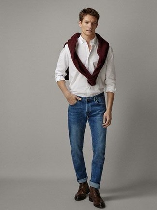 Men's Dark Brown Leather Casual Boots, Blue Jeans, White Long Sleeve Shirt, Burgundy Crew-neck Sweater