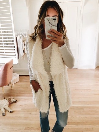 White Fur Vest Outfits For Women: 
