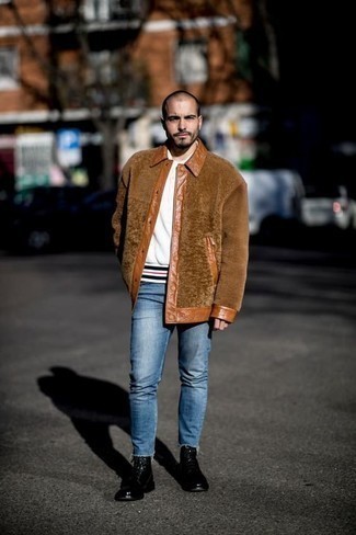 Brown Fleece Shirt Jacket Outfits For Men: 