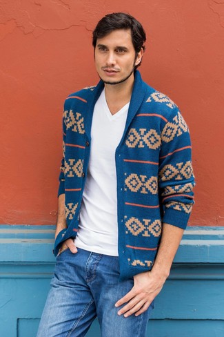 Blue Fair Isle Cardigan Outfits For Men: 