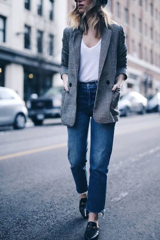 Women's Black Leather Loafers, Blue Jeans, White V-neck T-shirt, Grey Plaid Double Breasted Blazer