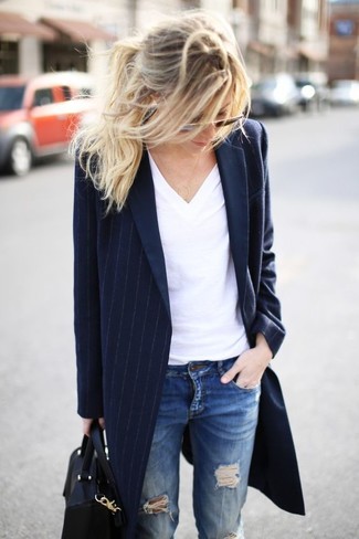 Women's Black Leather Tote Bag, Blue Ripped Jeans, White V-neck T-shirt, Navy Vertical Striped Coat