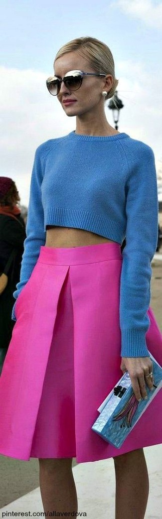 Women's Blue Knit Cropped Sweater, Hot Pink Skater Skirt, Light Blue Print Clutch