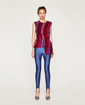 Women's Blue Leather Heeled Sandals, Blue Skinny Pants, Burgundy Vertical Striped Sleeveless Top