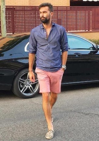 Blue Long Sleeve Shirt with Pink Shorts Outfits For Men (3 ideas & outfits)