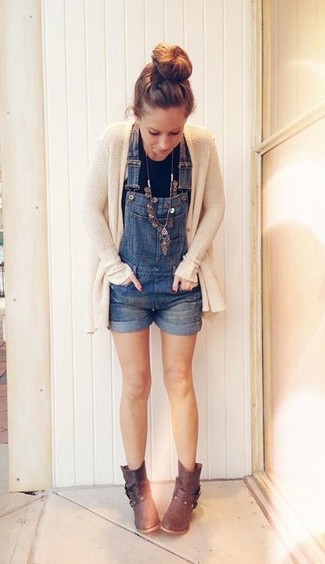 Women's Dark Brown Leather Ankle Boots, Blue Denim Overall Shorts, Black Tank, Beige Knit Open Cardigan