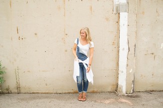 Women's Tan Leather Wedge Sandals, Blue Denim Overalls, White Cropped Top, White Cable Sweater