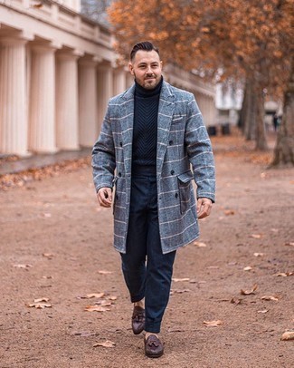 Navy and Green Plaid Overcoat Outfits: Consider teaming a navy and green plaid overcoat with navy dress pants to look like a true style expert. Let your styling skills truly shine by finishing off your look with dark brown woven leather tassel loafers.