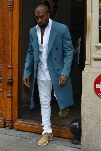 Blue Overcoat Outfits: As you can see, it doesn't take that much work for a man to look effortlessly sleek. Make a blue overcoat and white chinos your outfit choice and be sure you'll look awesome. Why not take a classic approach with footwear and complete this outfit with tan suede derby shoes?