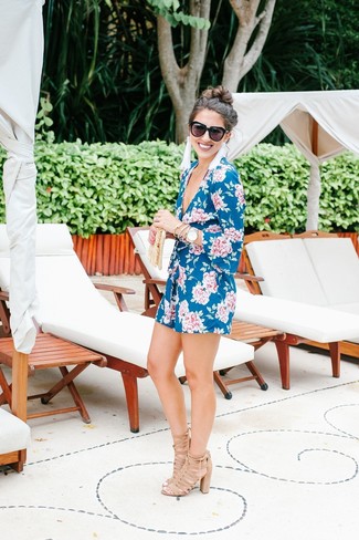 Blue Floral Playsuit Cold Weather Outfits: Rock a blue floral playsuit to effortlessly deal with whatever this day has in store for you. Finishing off with a pair of beige suede heeled sandals is a fail-safe way to introduce some extra fanciness to your ensemble.