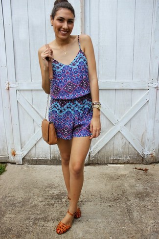 Blue Geometric Playsuit Outfits: The go-to for off-duty style? A blue geometric playsuit. Tobacco leather gladiator sandals are a surefire way to bring a hint of stylish casualness to your ensemble.