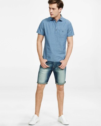 White Low Top Sneakers Outfits For Men: Make a blue polka dot short sleeve shirt and navy denim shorts your outfit choice for a practical look that's also put together. Our favorite of a multitude of ways to finish this ensemble is with white low top sneakers.