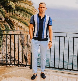 Light Blue Dress Pants Outfits For Men: Breathe style into your day-to-day repertoire with a blue vertical striped polo and light blue dress pants. Black suede tassel loafers will effortlessly class up even the simplest outfit.