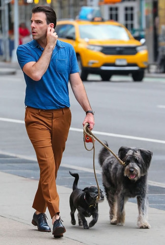 Zachary Quinto wearing Blue Polo, Tobacco Chinos, Navy Leather Oxford Shoes
