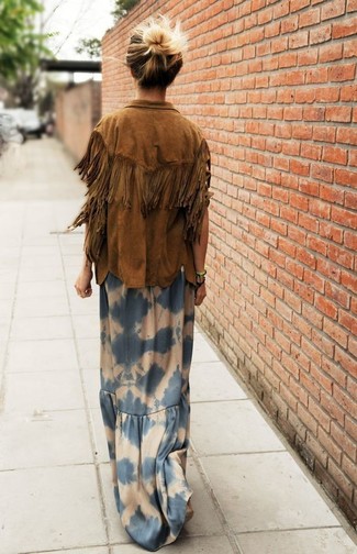Blue Maxi Dress Outfits: This combination of a blue maxi dress and a brown fringe suede dress shirt will allow you to assert your styling savvy even on dress-down days.