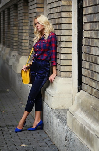 Women's Yellow Leather Crossbody Bag, Blue Suede Pumps, Navy Tapered Pants, Red and Navy Plaid Dress Shirt
