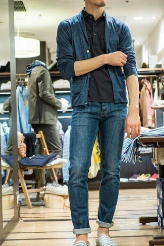 White Canvas Espadrilles Outfits For Men: If you're looking for an off-duty but also stylish outfit, opt for a blue shawl cardigan and blue jeans. Let your styling credentials truly shine by finishing your look with white canvas espadrilles.