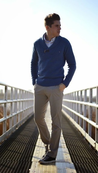 Blue Shawl-Neck Sweater Outfits: For a surefire smart casual option, you can rely on this combo of a blue shawl-neck sweater and khaki chinos. Black and white canvas high top sneakers will bring a more casual touch to an otherwise classic ensemble.