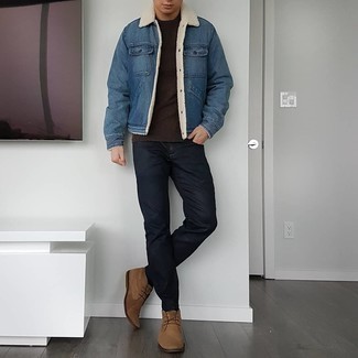 Blue Denim Shearling Jacket Outfits For Men: Nail the casually cool ensemble by opting for a blue denim shearling jacket and black jeans. Introduce a pair of brown suede desert boots to this ensemble and you're all set looking amazing.