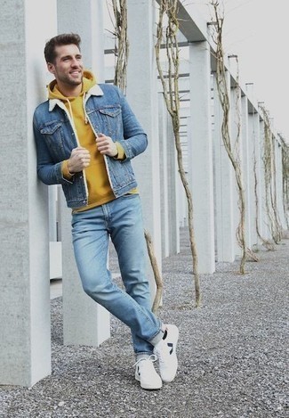 Men's Blue Denim Shearling Jacket, Mustard Hoodie, Light Blue Jeans, White and Black Print Canvas Low Top Sneakers