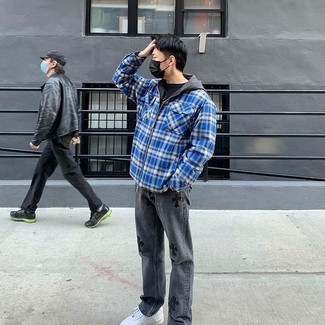 Blue Plaid Shirt Jacket Outfits For Men: A blue plaid shirt jacket and charcoal embroidered jeans are the kind of a fail-safe casual getup that you so desperately need when you have no extra time. A pair of white leather low top sneakers looks great here.