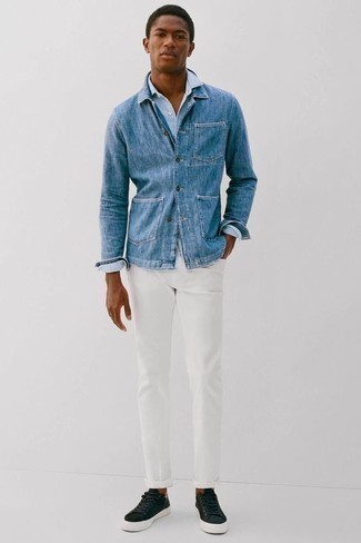 White Jeans Outfits For Men: This off-duty combo of a blue denim shirt jacket and white jeans is extremely easy to throw together in no time, helping you look awesome and prepared for anything without spending a ton of time digging through your wardrobe. Navy suede low top sneakers are a guaranteed way to bring a hint of stylish effortlessness to your look.