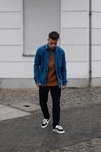 Men's Blue Denim Shirt Jacket, Tobacco Crew-neck Sweater, Black Chinos, Black and White Check Canvas Low Top Sneakers