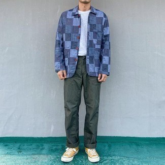 Blue Patchwork Denim Shirt Jacket Outfits For Men: Inject versatility into your current casual wardrobe with a blue patchwork denim shirt jacket and dark green chinos. Introduce a pair of mustard canvas high top sneakers to this ensemble to make a sober outfit feel suddenly fresh.