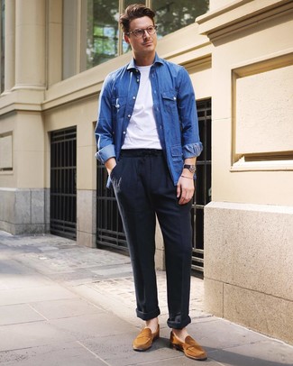 Tobacco Suede Loafers Outfits For Men: This combination of a blue denim shirt jacket and navy linen chinos exudes relaxed sophistication. Complete your ensemble with tobacco suede loafers to completely shake up the ensemble.