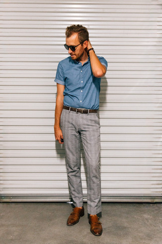 Navy Chambray Short Sleeve Shirt Outfits For Men: Showcase your elegant self by opting for a navy chambray short sleeve shirt and grey plaid dress pants. Brown leather double monks will create a stylish contrast against the rest of the ensemble.
