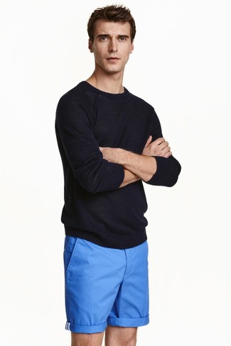 Men's Blue Shorts, Black Crew-neck Sweater