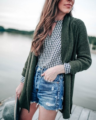 Dark Green Open Cardigan Outfits For Women: 