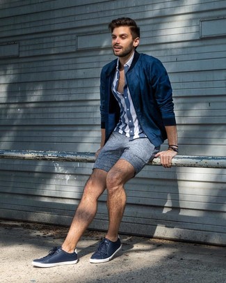 Men's Navy Leather Low Top Sneakers, Blue Linen Shorts, Navy and White Vertical Striped Short Sleeve Shirt, Navy Bomber Jacket