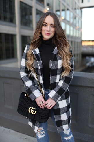 White and Black Gingham Coat Outfits For Women: 