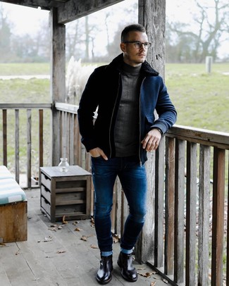 Navy Wool Bomber Jacket Outfits For Men: 